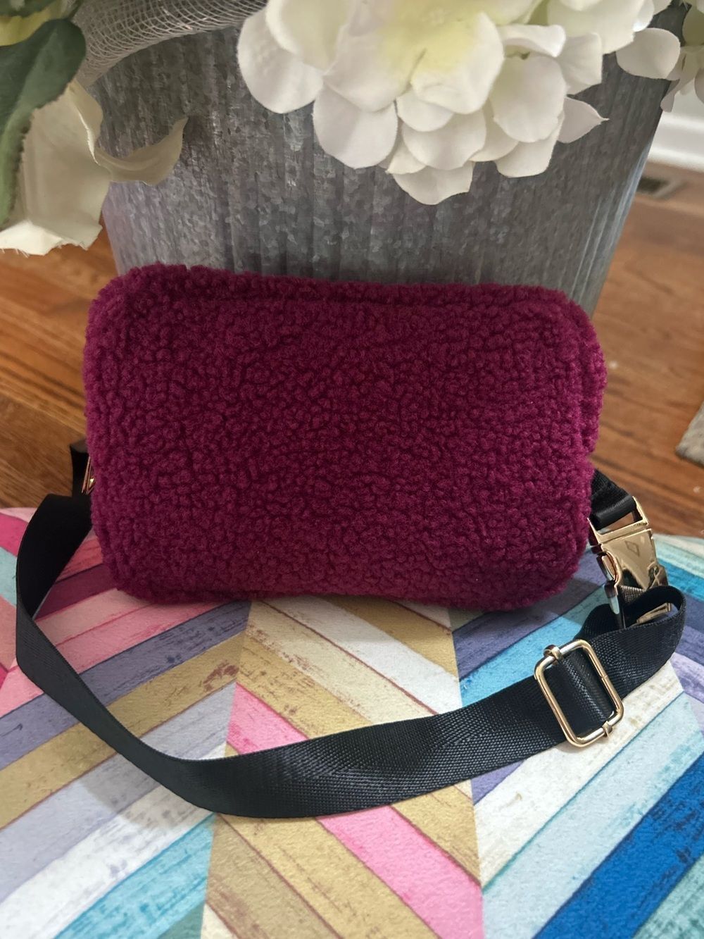 Teddy Sherpa Belt Bag Fanny Pack Crossbody Burgundy Wine